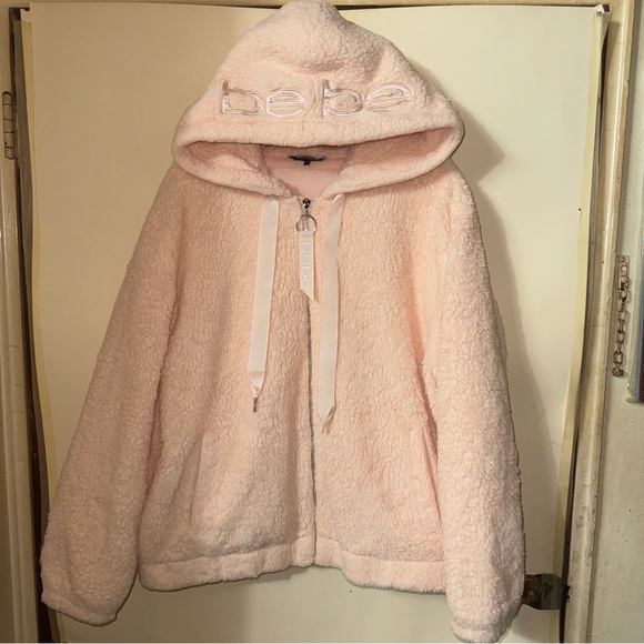 Bebe pink logo Sherpa jacket with hoodie women’s size Large - Picture 2 of 12